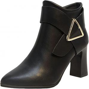 Женские ботильоны из лакированной кожи с боковой молнией, заостренным носом, массивным каблуком, однотонные элегантные ботинки с металлическим декором Generic, Black