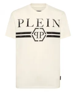 Футболка с круглым вырезом, украшенная полосками из камней. Philipp Plein, бежевый