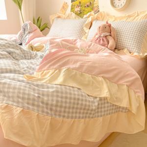 Disney Комплект постельного белья 3 предмета, 90x200 см, мягкий хлопок, кремово-зеленая клетка, кружевной стиль