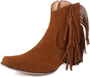 Generic Женские ковбойские ботинки с бахромой, искусственная замша, массивный высокий каблук, леопардовый принт, ботильоны с заостренным носком, короткие западные ковбойские ботинки