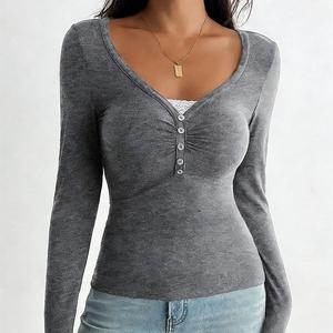 Женская облегающая блузка с v-образным вырезом и длинными рукавами Clearflower, Gray