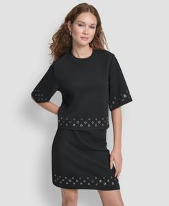 Женская трикотажная блузка с коротким рукавом и люверсами из ткани понте DKNY, Black