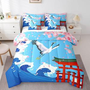 Erosebridal Комплект постельного белья Japanese Crane с рисунком японских журавлей и розовой сакуры для детей, Sky Blue