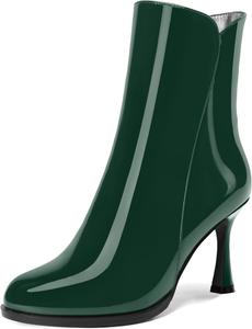 Женские ботильоны на высоком каблуке 3,3 дюйма с круглым носком, молнией и лакированной кожей, свадебное платье DEMOSHINE, Dark Green