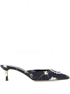 Мюли с цветочным принтом и украшением из жемчуга Manolo Blahnik, черный