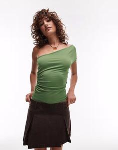 Асимметричный топ Topshop на одно плечо со сборками зеленого цвета