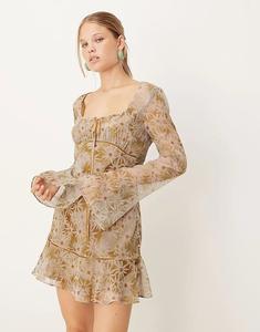 Мини-платье ASOS DESIGN с длинными рукавами и присборенной грудью, с синим цветочным принтом