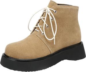 Женские ботильоны на платформе Uniquelly с клиновидным среднем каблуке, шнуровкой, круглым носком, винтажного классического стиля, зимние, Apricot