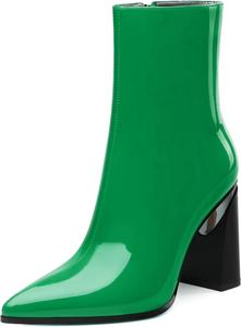 Женские ботильоны, 3,5 дюйма с заостренным носком, лакированные ботильоны на высоком каблуке, короткие ботинки с массивным каблуком и боковой молнией Heisnemca, Green Patent