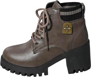 Женские боевые ботинки на шнуровке, средний голенище, округлый носок, массивная подошва, короткие ботильоны, повседневные водонепроницаемые ботинки для прогулок и походов Generic, A1-Gray