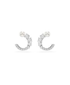 Серьги-кольца Матрица с кристальными жемчужинами, круглой огранки, белого цвета Swarovski, Silver