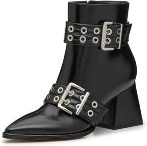 Женские ботильоны FSJ с заостренным носком и высоким толстым каблуком, с двойным металлическим ремешком, заклепками, короткие с боковой молнией, стильные панк-ботинки для вечеринки, размеры 4-16 US, Black