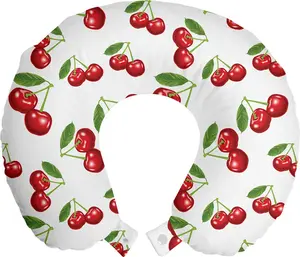 Подушка для шеи ABAKUHAUS Fruit Travel Pillow, с рисунком вишни, из пеноматериала, дорожная подушка для самолета и автомобиля, 30 x 30 см, цвет белый, ярко-зеленый Abakuhaus
