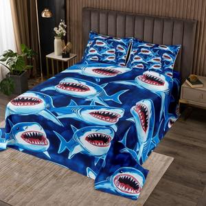 Erosebridal Комплект постельного белья Kids Shark с принтом акулы в морском стиле, Blue and Red