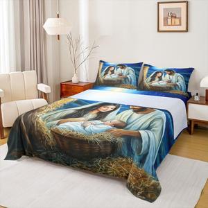 Erosebridal Комплект постельного белья с новогодним принтом голубые блестящие звезды, Blue White Yellow