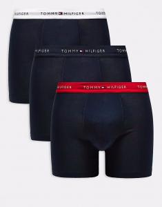 Фирменные хлопковые трусы-боксеры Tommy Hilfiger Essentials, комплект из 3 пар, темно-синего цвета с темно-синим/бело-красным поясом