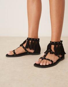 Сандалии на плоской подошве с бахромой и перьями ASOS DESIGN черного цвета