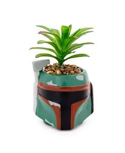 Керамическое мини-кашпо диаметром 3 дюйма с искусственным суккулентом в виде шлема Бобы Фетта из «Звездных войн» Silver Buffalo, green