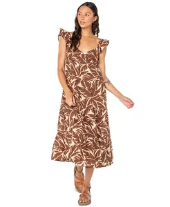Женское хлопковое платье миди с принтом и ярусами Palmy Days Roxy, коричневый/бежевый