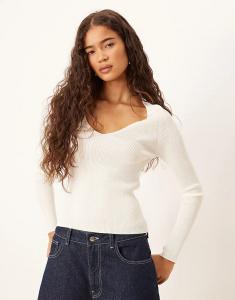 Белый трикотажный лонгслив Mango с V-образным вырезом и длинными рукавами