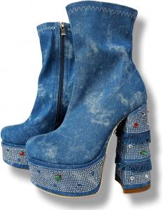 Женские сексуальные ботильоны на высокой платформе и каблуке Frankie Hsu, винтажные синие джинсовые с стразами и заклепками, кристальные сапоги, большие размеры US5-19 для женщин и мужчин