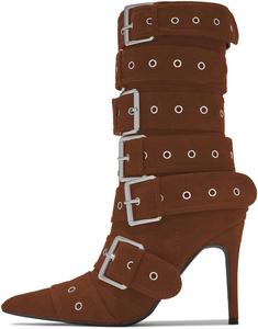 Женские модные ботинки YDN до середины икры с заостренным носком, пряжкой, на каблуке-стилетто, с молнией, для вечеринок, шопинга и повседневной носки, размеры US 4-16, Brown