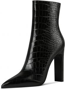 Женские ботильоны FYS с заостренным носком и массивным каблуком, укороченные ботинки с тиснением под крокодила, боковая молния, праздничная обувь, размер 4-15 US, Black