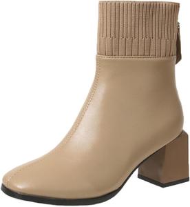 Женские ботильоны на низком массивном каблуке с квадратным носком, повседневные короткие ботинки в западном стиле с молнией, модные повседневные ботильоны Generic, Khaki