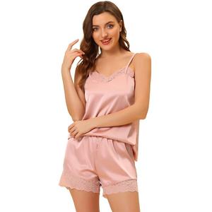 Женское атласное белье, кружевная отделка, топы на бретельках, шорты, пижамные комплекты ALLEGRA K, розовый