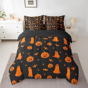 Erosebridal Комплект постельного белья Happy Halloween с принтом летучих мышей и тыкв в оранжевых тонах для праздничного декора, Orange
