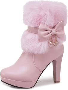 Женские модные ботильоны на платформе с высоким каблуком, с круглым носком, молнией и бантом, элегантные короткие ботинки JOEUSTY, Pink-Velvet Lined