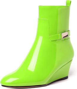 Женские ботильоны WAYDERNS на шнуровке с закругленным носком, лаковые, модные, на клиновидном низком каблуке, высотой 5 см, Lime Green