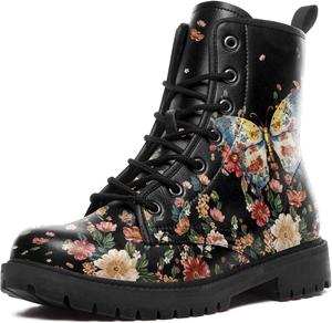 Женские ботинки с цветочным рисунком, ботильоны на шнуровке с принтом бабочек и пчел, противоскользящие, водонепроницаемые, из искусственной кожи с массивным классическим каблуком Coolcustomize, Black-Pink