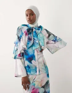 Атласная блузка iyal с бантом в однотонном стиле с акварельным цветочным принтом