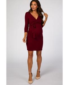 Платье для беременных бордового цвета из ворсистой вязки с запахом, приталенное, для беременных/кормящих мам Pinkblush, Burgundy