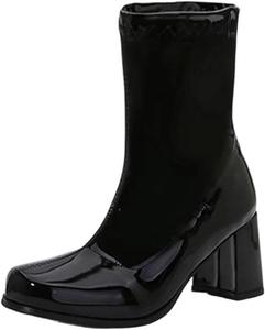 Женские ботильоны на квадратном каблуке с искусственной кожей, с круглым носком и молнией, для вечеринок и клубов Generic, Black