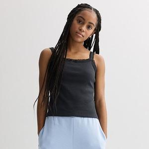 Детская майка с кружевной отделкой для девочек 7-16 лет, размеры regular и plus So, Black Luxe