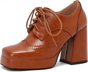 Женские туфли с платформой и массивным каблуком Alyaafifa, ботильоны на высоком каблуке с шнуровкой, закрытые туфли с квадратным носком, удобные туфли для вечеринок, свадеб, мероприятий, клуба и выпускного, Matte Leather - Brown