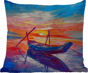 Подушка для улицы - Картина - Лодка - Масляная краска - Вода - 45x45 см - Устойчива к атмосферным воздействиям - Подушка для отдыха - Подушка с фотографией - Декоративная подушка MuchoWow