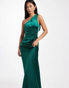Платье макси из атласа на одно плечо Six Stories Bridesmaid темно-зеленого цвета