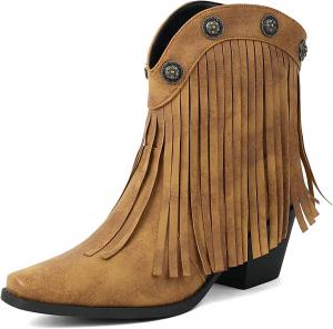 Женские ковбойские ботинки KiutSymo, ботильоны с бахромой в западном стиле, массивный каблук, квадратный носок, на молнии, широкий голенищ, с кисточками, короткие ковбойские ботильоны, Brown Style B