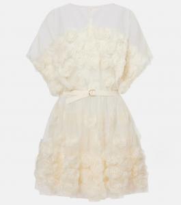 Свадебное мини-платье из тюля с цветочной аппликацией и поясом Norma Kamali, кремовый