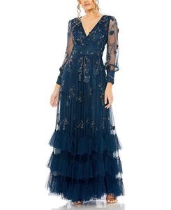 Многоуровневое платье трапециевидной формы Mac Duggal с длинными рукавами и V-образным вырезом, синий