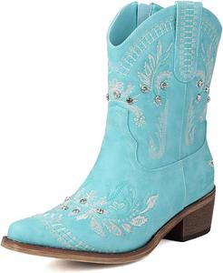 Женские западные ботильоны с острым носком, ковбойские сапожки с бахромой или блестящими стразами, модные короткие ботинки для повседневной носки AIWGLESOLE, Cyan