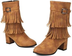 Женские ботинки выше щиколотки в западном стиле, с бахромой, ковбойские, средней высоты голенище, с толстым высоким каблуком и кисточками BLXQPYT, Brown