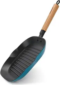 Сковорода-гриль , эмалированная чугунная/деревянная, 28x28x3 см, синяя Fissman