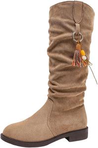 Осенние ботинки для женщин: модные легкие ботильоны с круглым носком и низким каблуком, ковбойские сапожки типа «пул-он», обувь для шоу Generic, Khaki