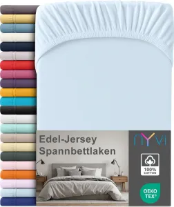 Простыня на резинке из премиального джерси для матрасов глубиной до 25 см - 100% суперчесаный хлопок, 140 г/м², на резинке по всему периметру, цвет: светло-голубой, размер: 140-160 х 220 см NYVI