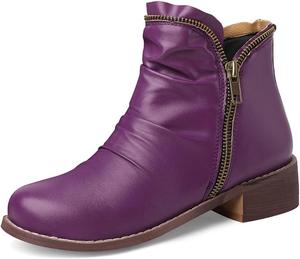Женские ретро ботильоны VOKLIN на низком каблуке, с круглым носком и двойной молнией, удобные элегантные короткие ботинки, Purple Violet-Velvet Lined