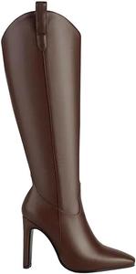 Женские высокие сапоги до колена с острым носком и боковой молнией, квадратным каблуком, модные повседневные сапожки Generic, Brown
